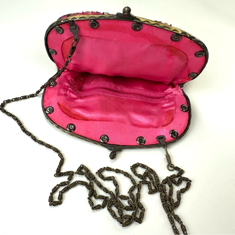 Vintage Pink Beaded Evening Bag Gold Frame Chain Strap Art Deco Glam - Picture 6 of 8